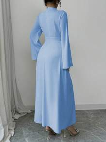 Elenzga 女式立领褶皱长袖纯色中长连衣裙长款女装 - 藍色 - 查看 2