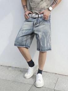 Manfinity Roghcode Quần short denim rách giặt thường ngày cho nam - Màu xanh lam - Xem 8