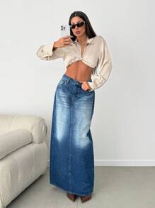 EURMUSE Casual Distressed Denim Long Skirt With Side Slit - Medium Wash - View 4