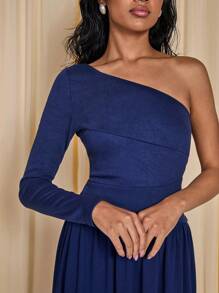 COSMINA Women's Modest Elegant Navy Blue Ruched Oblique Shoulder Dress, Spring/Summer - Blue - View 5