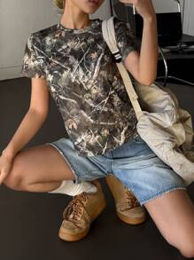 DAZY Women's Crew Neck Short Sleeve Printed Casual Blouse, Daily Wear