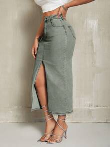 SHEIN SXY 女士前扣口袋修身休闲牛仔迷你裙 - 綠色 - 查看 6