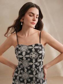 Anewsta Elegant Embroidery Long Slip Dress For Women, Spring/Summer, Floral, Beach Vacation - Black and White - View 3