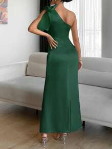EURMUSE Chimpagne Color Tie Detail Satin Dress - Dark Green - View 2