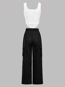 SHEIN Girlism Tween Girls' 2pcs Set Square Neck Knit Tank Top And Casual Long Pants, Street Chic Style