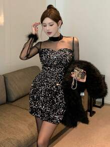 DAZY 宴会网纱拼接亮片性感修身迷你连衣裙，适合女士参加舞会、派对、秋季返校节等场合，长袖奢华连衣裙，新年优雅嘉年华女士礼服 - 黑色 - 查看 1