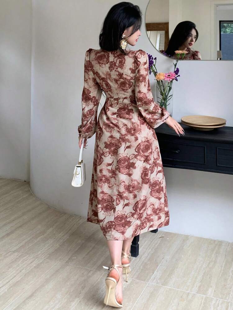 V-Neck Floral Print Twist Knot Detail Midi Dress For Women,Ruffle,Fall Dress Long Sleeve Dress Easter