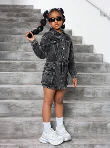 SHEIN 2 件套 Tween Girls Y2k 时尚水洗黑色牛仔翻领长袖夹克和迷你裙，带工装口袋，适合女孩街头服饰 - 黑色 - 查看 5