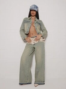 SUMWON WOMEN 设计师款超大阔腿牛仔裤，采用原始下摆设计，复古风格的漂白牛仔布，高腰男友风格，非常适合春夏休闲装