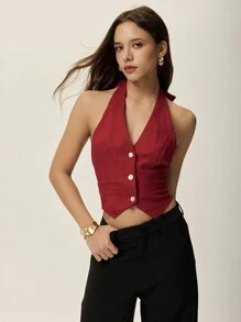 Poéselle 女士酒红色吊带背心套装背心露背不对称下摆纽扣门襟纯色吊带休闲日常上衣情人节沙滩装波西米亚风亚麻背心夏季女士背心夏季女士上衣红色上衣夏季女士波西米亚风上衣商务女士红色上衣西部风女士节日波西米亚嬉皮士复古波西米亚风 - 酒紅色 - 查看 4