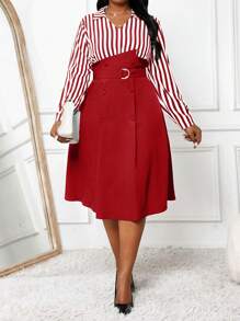 SHEIN Lady Autumn And Winter Casual Black Woven Flared Belted Shirt Dress Midi Long Sleeve Plus Size Dresses Business Casual Women Halloween Dress Valentine's Day Valentines Clothes Valentine's Day Dress Valentines Dress Festival Outfits For Women Valentine's Day Outfit Women