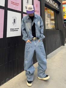 Manfinity EMRG Men's Front Button Long Sleeve Simple Top And Denim Pants 2 Pieces Suit Set - Blue - View 3