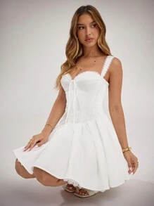 SHEIN BAE 纯白色优雅甜美浪漫荷叶边蕾丝边修身喇叭裙，女士公主裙，适合情人节、派对、约会、伴娘、舞会、日常通勤、粉色连衣裙、生日连衣裙 - 白色 - 查看 4