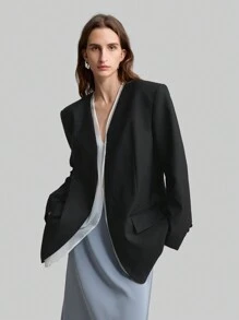 Ontre 2 piezas Blazer informal/de oficina holgado de mujer, con diseño de moneda vintage en blanco y negro