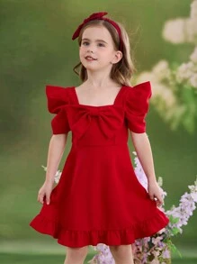 Emery Rose Kids Emery Rose Kids Đầm dệt kim tay lỡ cổ vuông bèo nhún nơ màu đỏ cho bé gái, thích hợp cho ngày lễ tình nhân, đám cưới, lễ hội - Đỏ - Xem 2