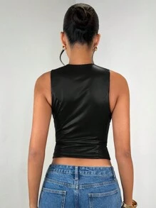 SHEIN BAE 女士勃艮第纯色仿 PU 皮革休闲镂空金属拉链抽绳腰部修身短款背心、秋季上衣、返校、圣诞节女士上衣/安哥拉红上衣/秋季复古勃艮第上衣