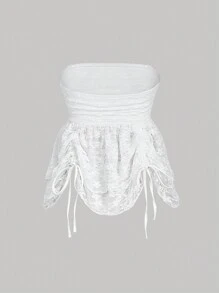 SHEIN MOD Atasan Tube Lace Wanita Warna Putih, Musim Panas, Elegan, Liburan, Tali Serut, Panjang yang Dapat Diatur, Atasan Imut untuk Liburan, Festival, Pantai, Ulang Tahun - Putih - View 2