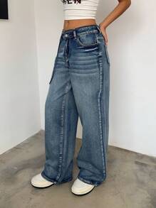 SHEIN EZwear 女式休闲百搭宽松低腰阔腿 Y2k 宽松牛仔裤