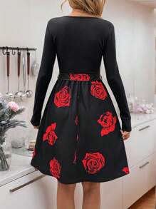 EMERY ROSE 女士情人节玫瑰印花拼布中长连衣裙 - 彩色 - 查看 2