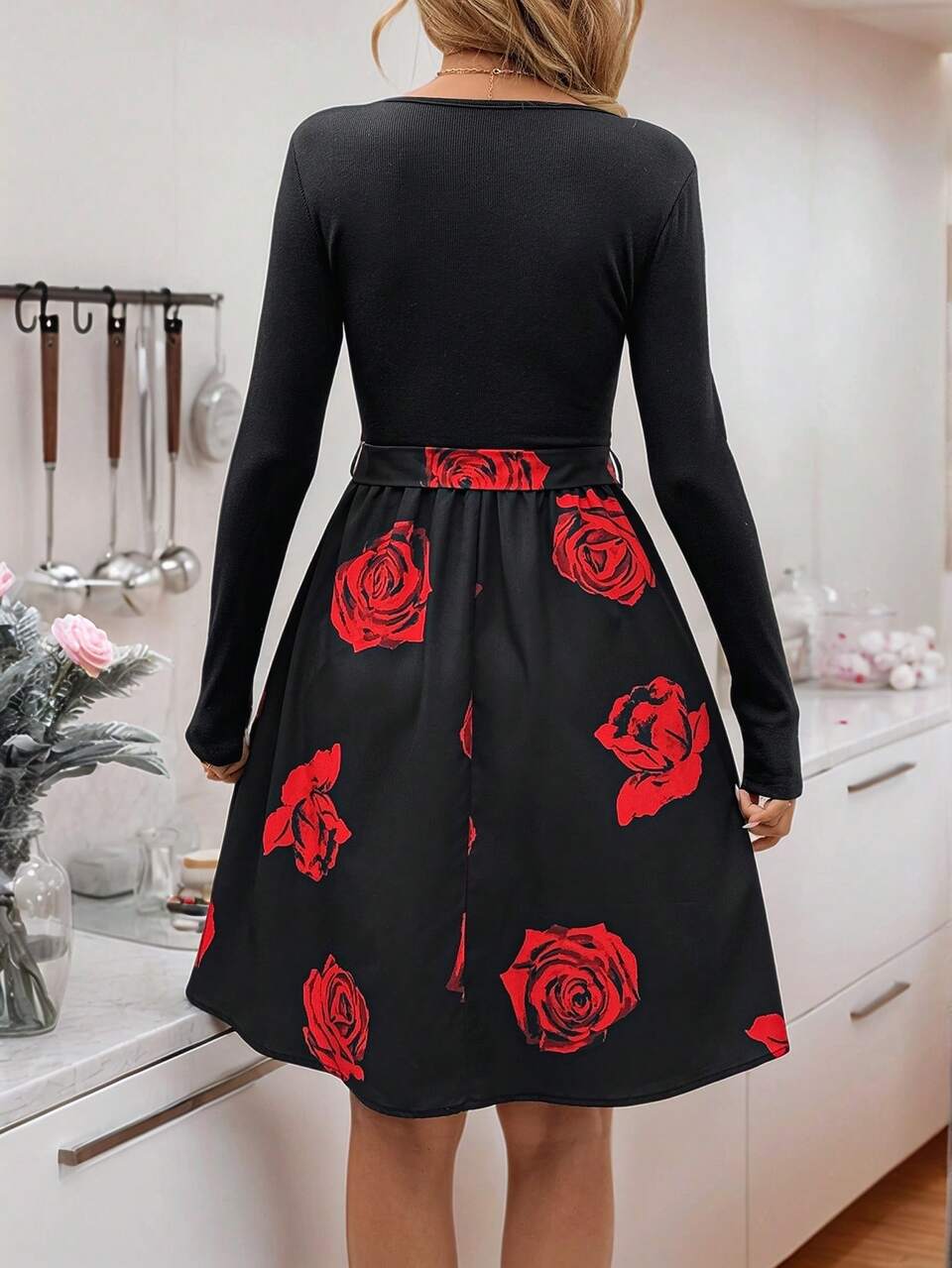 Valentine's Day  Women's Valentine's Rose Print Patchwork Mid-Length Dress