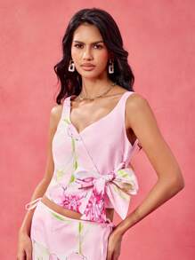 Becci Designer Pink Floral Printed Top With Bow Going Out, Festival