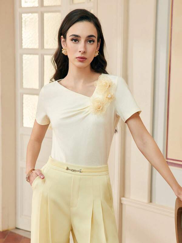 ZEYLAH WOMEN'S 3D FLOWER FOLD PLEATED T-SHIRT, SPRING SUMMER