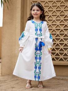 Young Girl Blue Abaya Kaftan Jalabiya Tunic, Ramadan Ramadan Local Conservative Attire, Rose Print Vacation Casual Fashion Waist Belt Tassel Pendant Dress - Blue - View 1