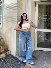 SHEIN MOD 大码蓝色牛仔裤蝴蝶结印花闪光钻石甜美直筒裤松紧腰休闲直筒裤春夏牛仔裤 - 淺色水洗藍 - 查看 4