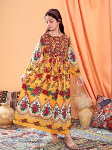 Tween Girl Pattern Holiday Casual Rose Retro Print Long Dress - Multicolor - View 4