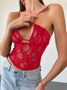Aloruh New Lace Camisole Tank Top With Triangle Cup - Red - View 7