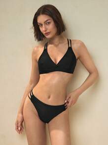 SHEIN Swim 夏季女士黑色比基尼泳装套装 - 黑色 - 查看 6
