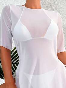 SHEIN Swim Summer Beach Side Slit Perspective Mesh Sheer Cardigan Wedding - White - View 5