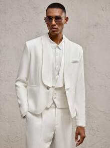 AKNOTIC Business Casual 2 件套男士白色梭织修身常规肩部夹克和裤子休闲西装，适合日常穿着、度假、派对、婚礼、毕业礼物、春夏季 - 白色 - 查看 6