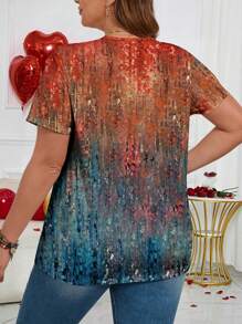 Plus Size Women Retro Pattern V-Neck Short Sleeve Vacation Top, Suitable Spring For Women And Summer For Women Suitable For Going Out - Multicolor - View 2