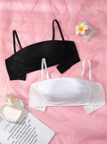 2pcs Teenage Girls Cotton Padded Bras, Black + White - Multicolor - View 1