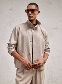 AKNOTIC Business Casual Áo khoác cardigan dài tay cổ đứng dáng rộng cho nam, trang phục thường ngày cho mùa thu và đông - Màu be - Xem 6