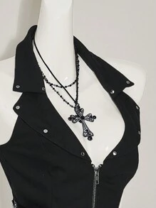 SHEIN ICON 女士无袖前拉链休闲上衣，日常穿着 - 黑色 - 查看 9