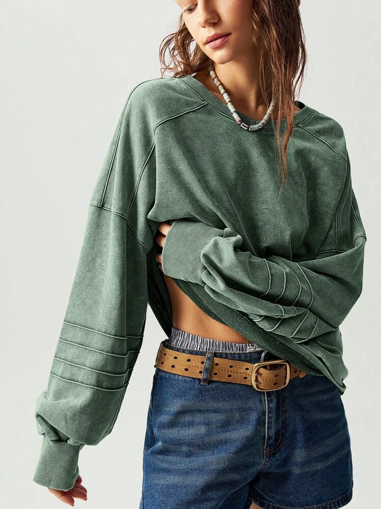 Bohemela Sudadera holgada de mujer de unicolor con cuello en V, hombros caídos y manga larga para vacaciones casuales en otoño/invierno - Verde - Añade 8