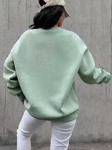Cotton Letter Embroidery Drop Shoulder Thermal Lined Sweatshirt - Green - View 2