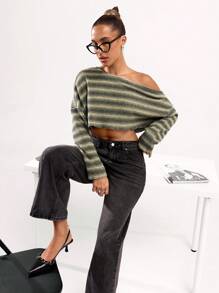 SHEIN BAE Áo sơ mi dài tay cổ lệch sọc thường ngày cho nữ, phong cách tối giản để mặc hàng ngày - màu xanh lá - Xem 4