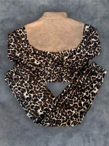 2pcs Women's Leopard Patchwork Jacket & Pants Set, Autumn/Winter