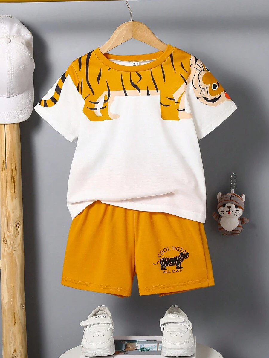 SHEIN 2 sztuki/zestaw dla chłopców, casualowy, uroczy nadruk tygrysa, okrągły dekolt, krótki rękaw, T-shirt i spodenki, nadaje się do codziennego noszenia, styl college'owy, wiosna/lato - Żółty - Zobacz 1