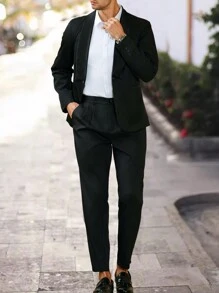 Calvornis Men's Solid Color Jacket And Pants Suit Set - Black - View 4