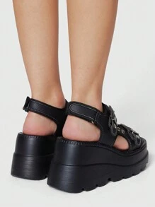 ROMWE Grunge Punk Women's Gothic Punk Style Platform Sandals, Black Summer Open Toe Rivet Roman Beach Wedge Heels, Halloween - Black - View 5