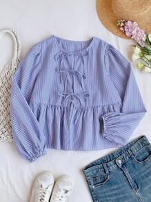 Comfortcana 女式前系带长袖条纹简约休闲衬衫，日常穿着