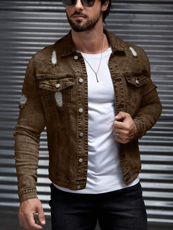 Manfinity Homme Herren Knopfverschluss Langarm Taschen Vintage Denim Jacke