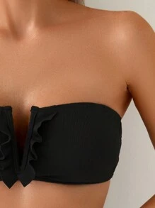 Swim Mod 夏季女式黑色针织罗纹面料性感 V 领花卉边比基尼上衣，适合海滩和度假