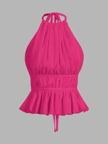 SHEIN EZwear Crop top sexy con espalda descubierta y diseño fruncido con lazo en el cuello - Rosa Fucsia - Ver 5