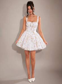 SHEIN BAE Women's Elegant Solid Black Short Sleeve Zippered Fitted Dress With Pleated, Simple And Sweet Style - White - View 5