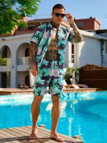 Manfinity RSRT 全身印花衬衫套装，配有短袖上衣和短裤，简约时尚的日常休闲男士两件套服装 - 彩色 - 查看 5